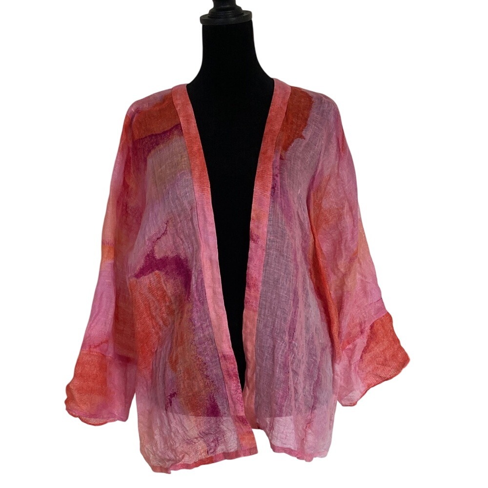Chicos Womens‎ Sheer Watercolor Pink Coral Open Kimono Size XLP Coastal Linen